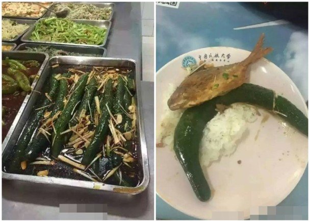 天津高校饭堂再现奇葩菜 整条黄瓜炒大葱