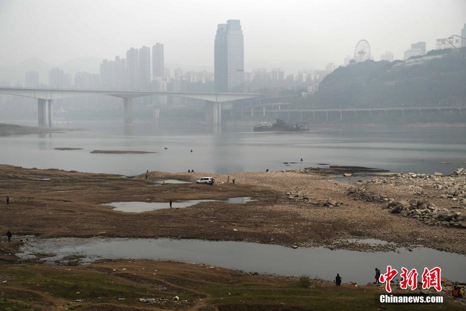 长江枯水期 大片河床裸露成重庆市民娱乐地