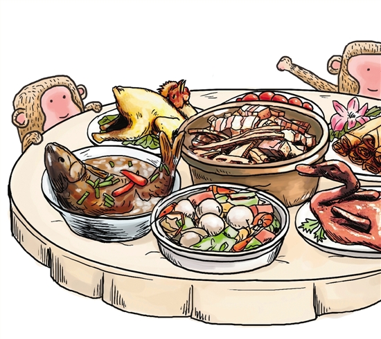 白切鸡,八宝菜,酱鸭,腊笋烧肉,油豆腐烧肉,元宝鱼,炒二冬,杭三鲜,春卷