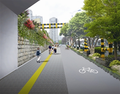 铁路下穿桥综合整治效果图,主要涉及路面,墙面和绿化整治提升.