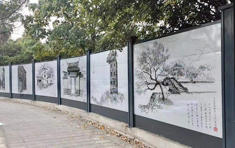 美！江心屿这道围墙钢笔画，由知名画家麦浪设计制作